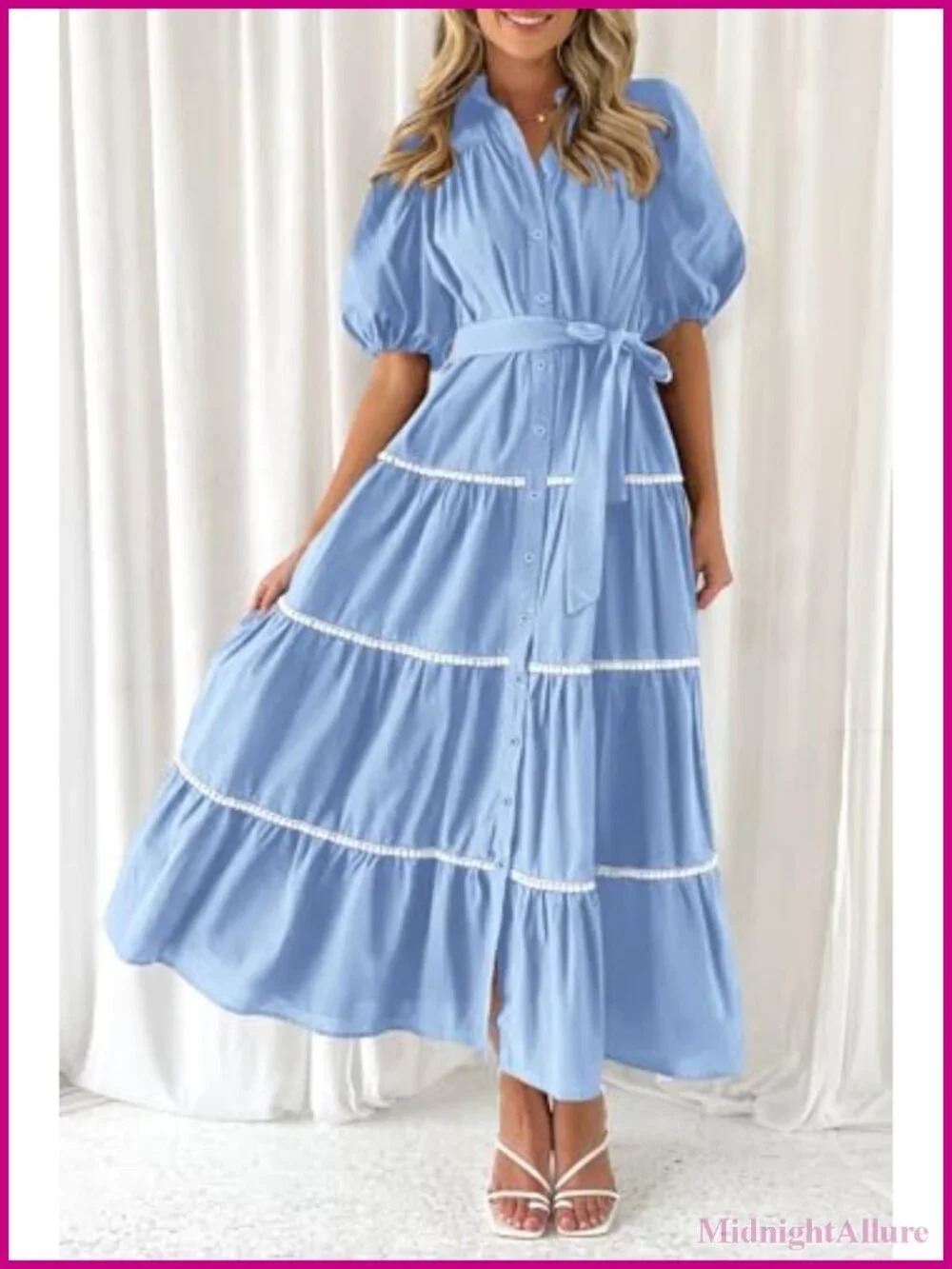 Women's Maxi Shirt Dress Summer Tiered Button Down Puff Sleeve Flowy Fit & Flare